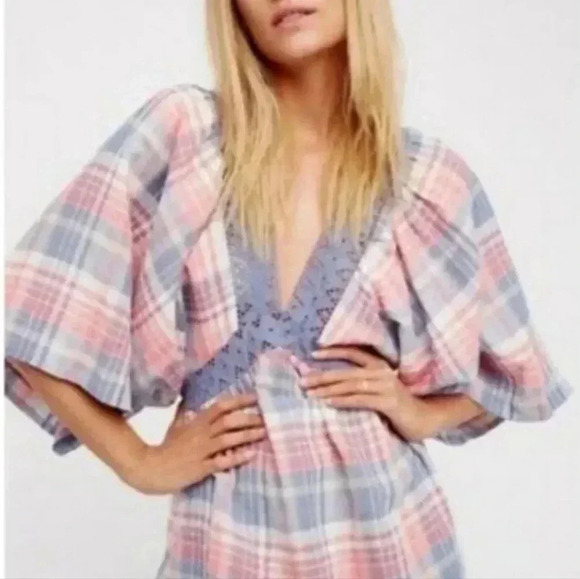 Free People Boho,Plaid/Lace Open Back Cottagecore Batwing Blouse XS - Picture 1 of 12